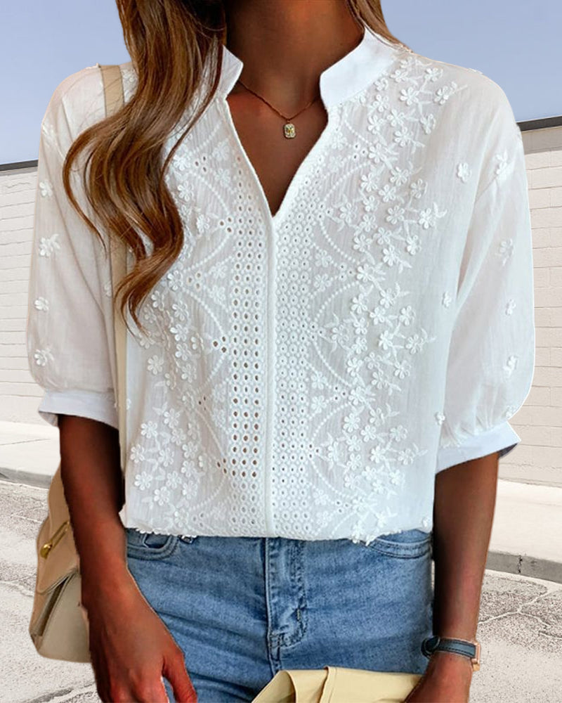 Caithlyn™ – Embroidered Split-Neck Blouse for Feminine Ease and Timeless Charm