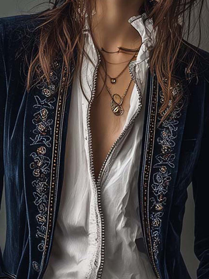 Federica | Long Vintage Velvet Jacket with Embroidery