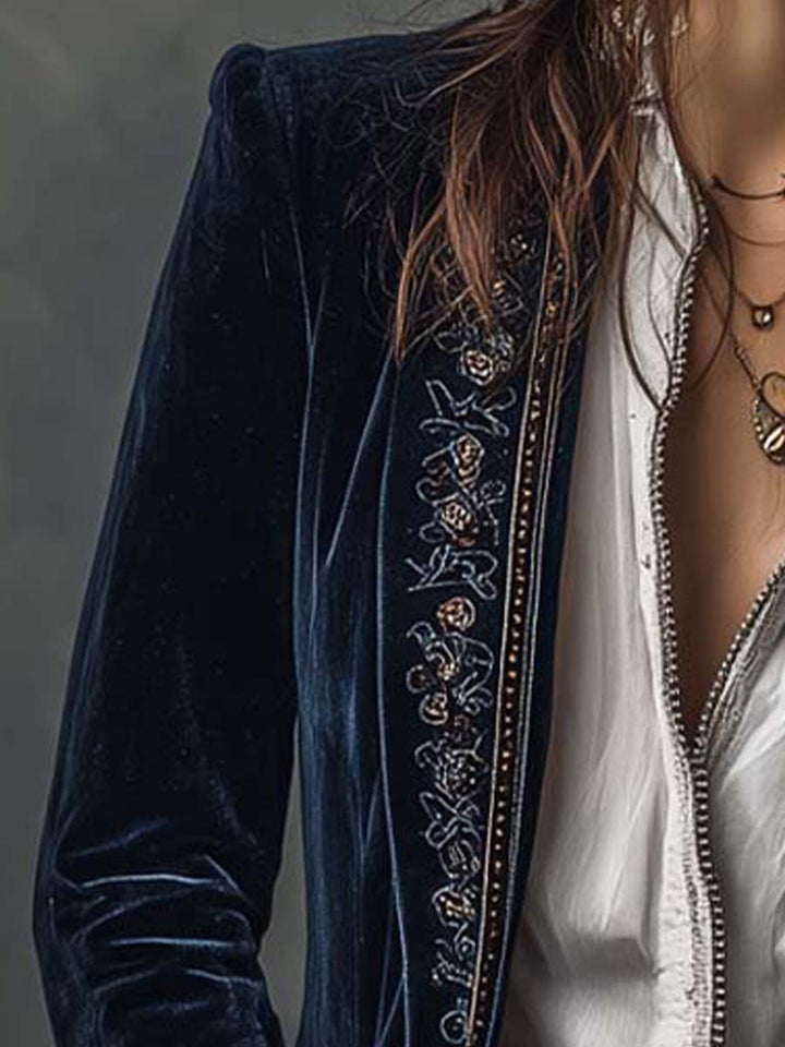 Federica | Long Vintage Velvet Jacket with Embroidery