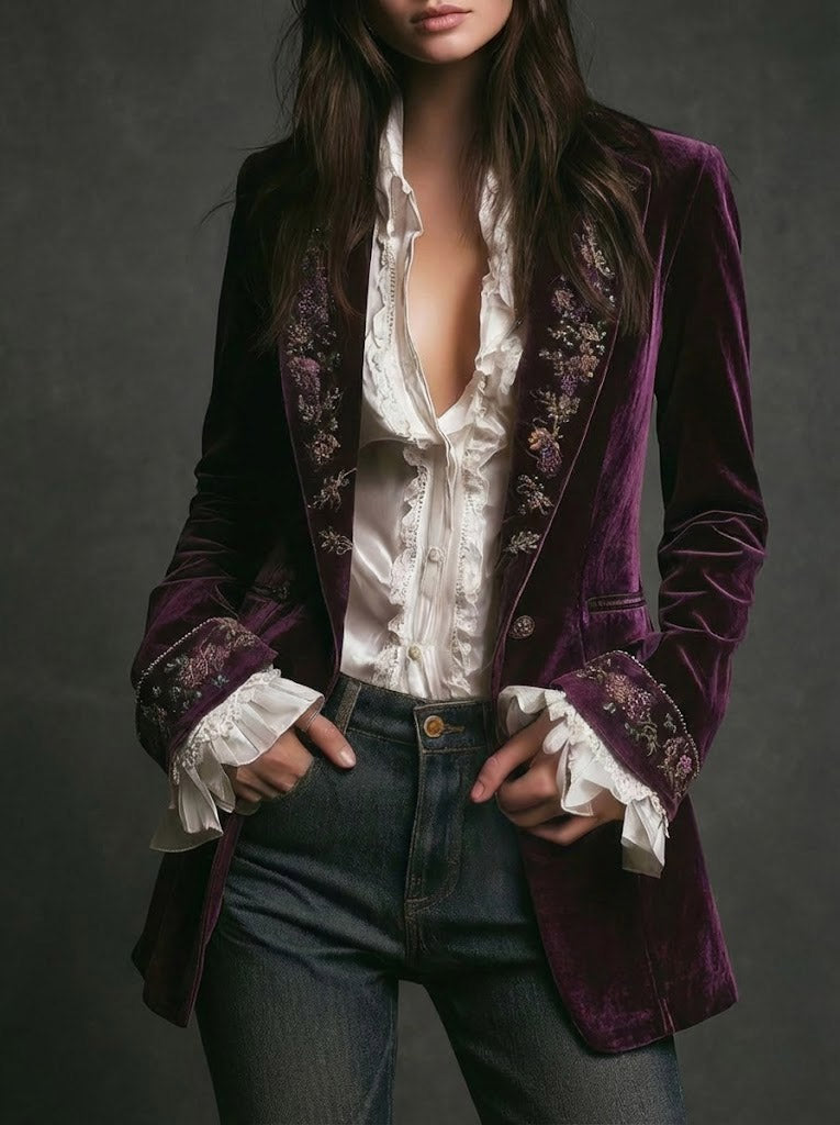 Federica | Long Vintage Velvet Jacket with Embroidery